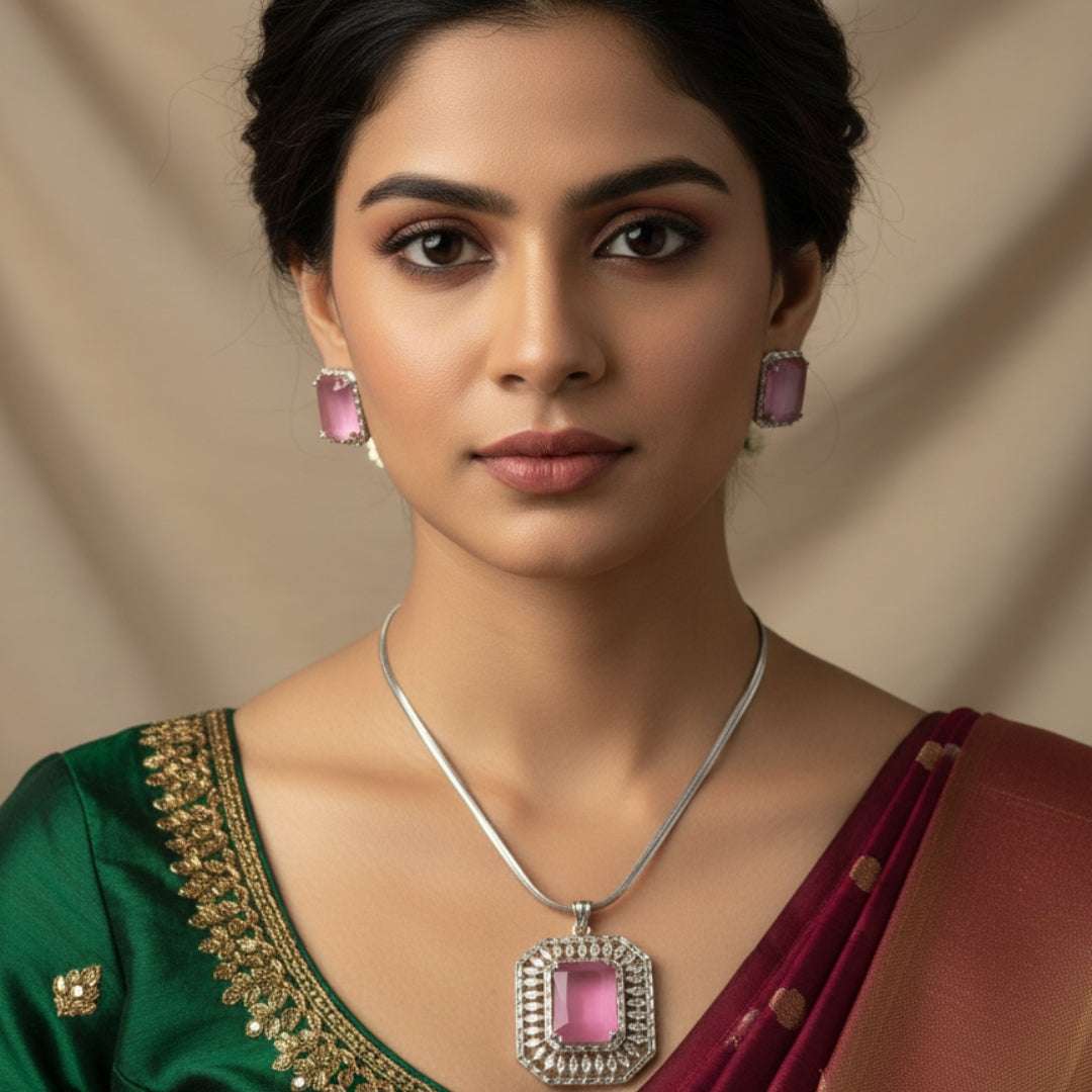 Pink Square American Diamond Necklace Set