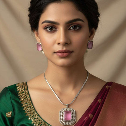 Pink Square American Diamond Necklace Set