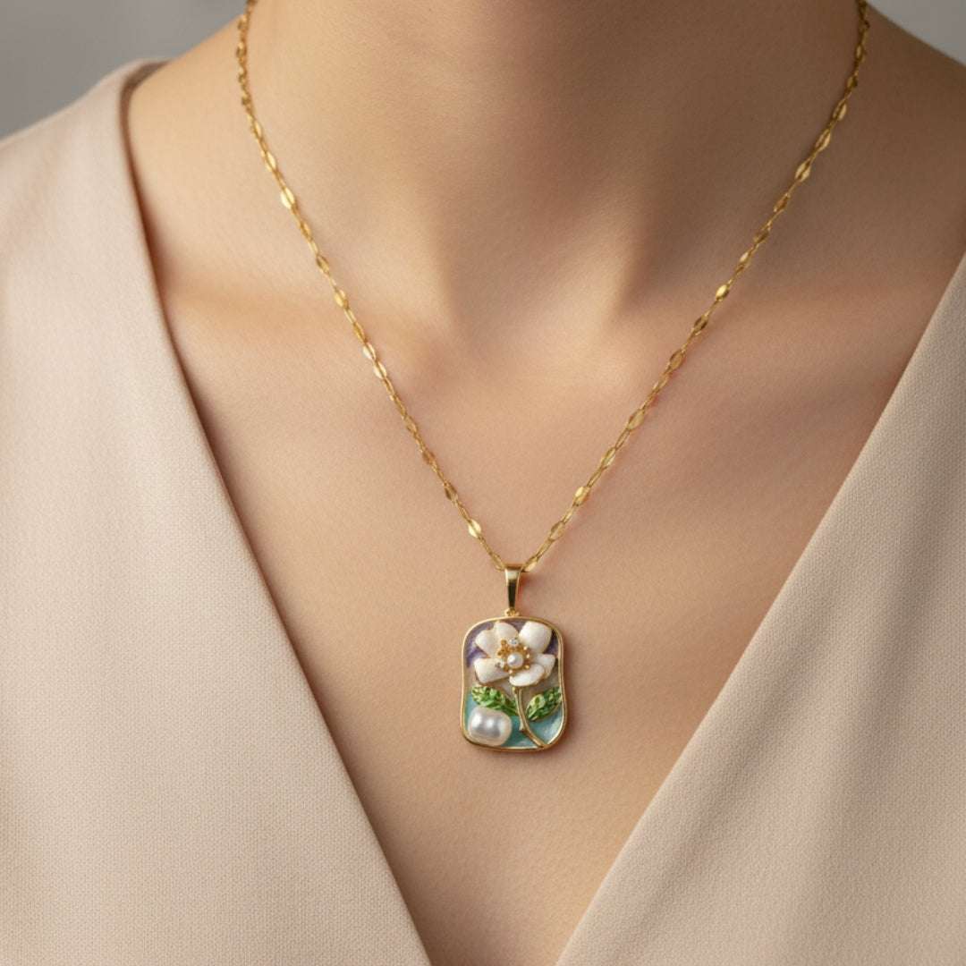 Gold Floral Enamel Pendant Necklace