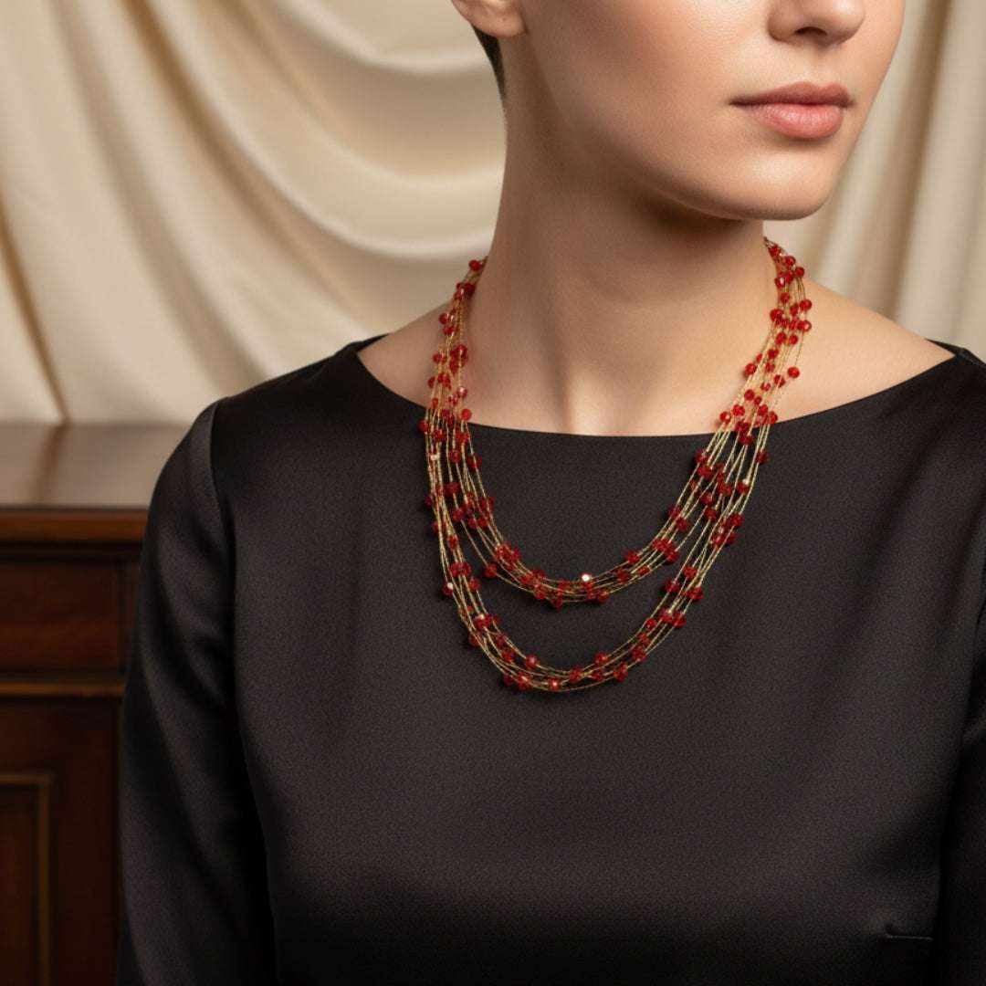 Anti-Tarnish Red Bead Multi-Strand Necklace
