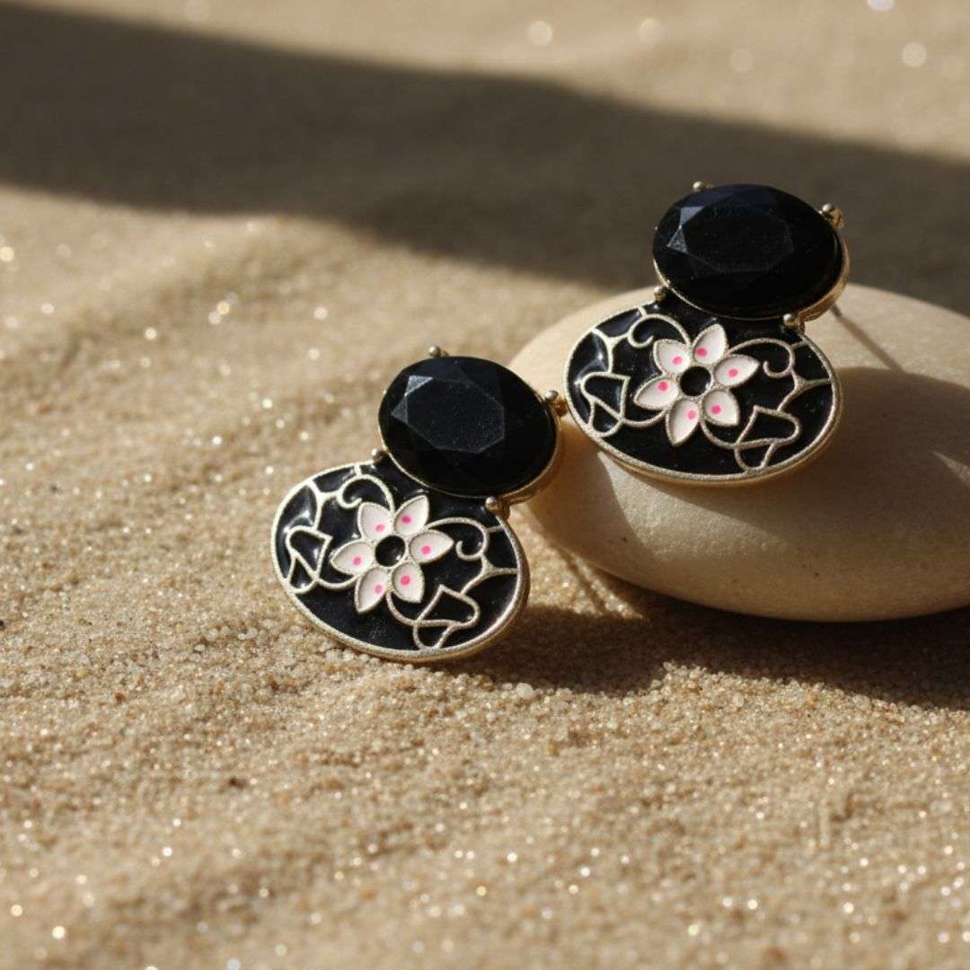 Oxidized Black Enamel Floral Stud Earrings