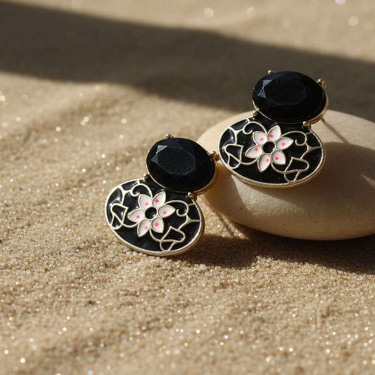 Oxidized Black Enamel Floral Stud Earrings