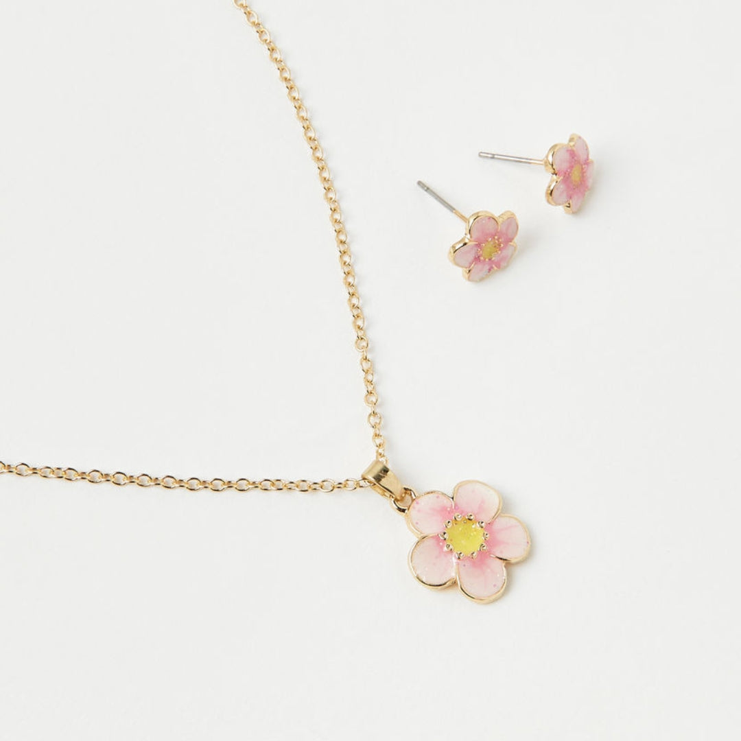 Pink Flower Charm Set – Kids Necklace & Earrings