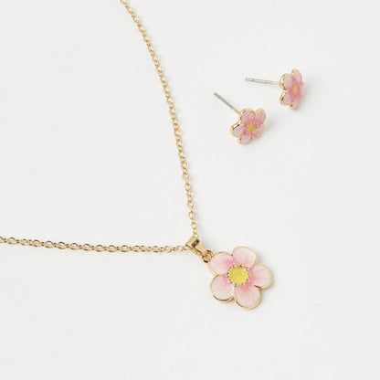 Pink Flower Charm Set – Kids Necklace & Earrings