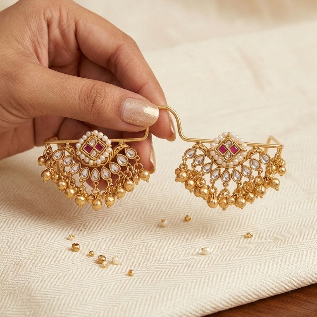 Traditional Brass Kundan Pearl Chandbali Hair Accessory with Ghungroo Facelet