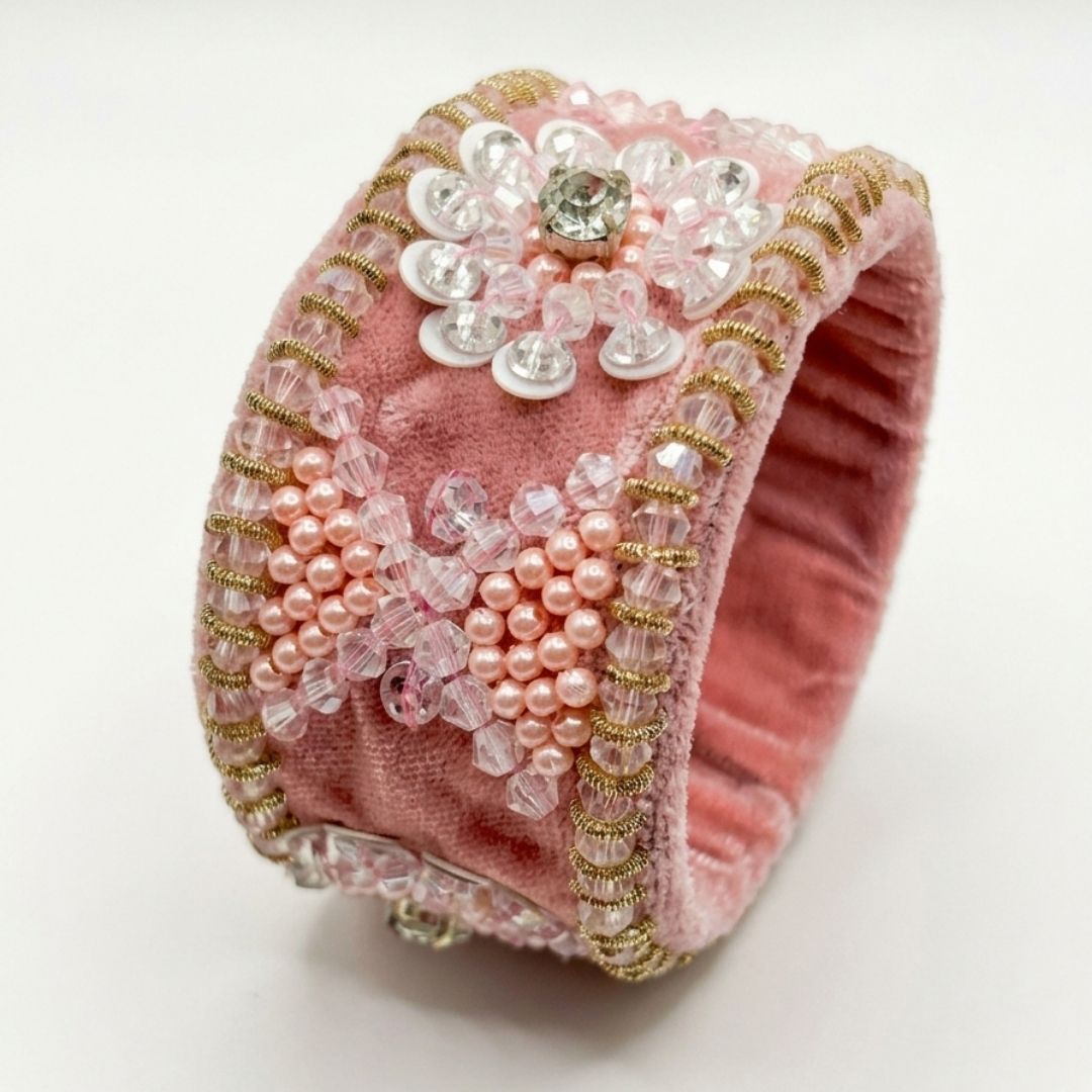 Elegant Handcrafted Pink Embroidered Bracelet with Pearl