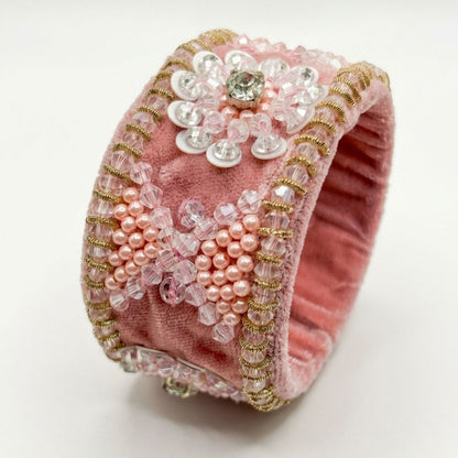 Elegant Handcrafted Pink Embroidered Bracelet with Pearl