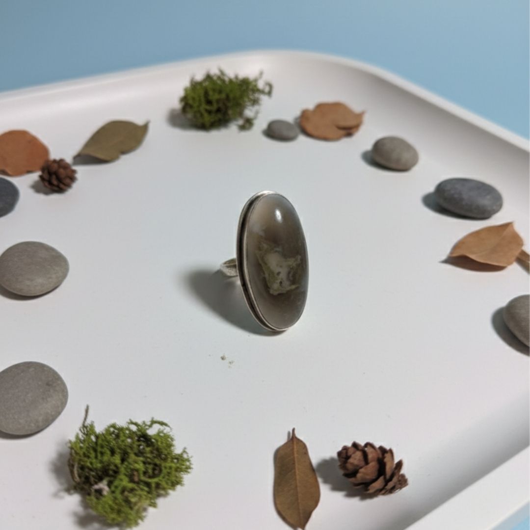 Handcrafted Natural Stone Ring with Oxidised Silver Finish