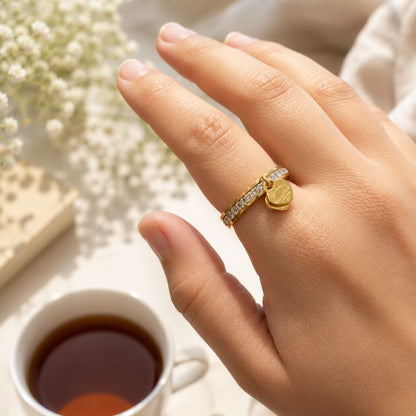 Minimal Heart Charm Crystal Ring – 18K Gold Plated