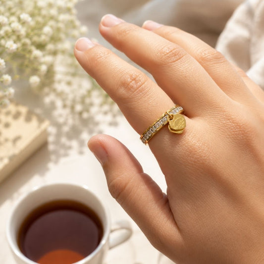 Minimal Heart Charm Crystal Ring – 18K Gold Plated