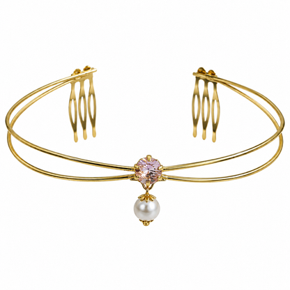 Gold-Plated Pink Stone Pearl Hairlet for Women