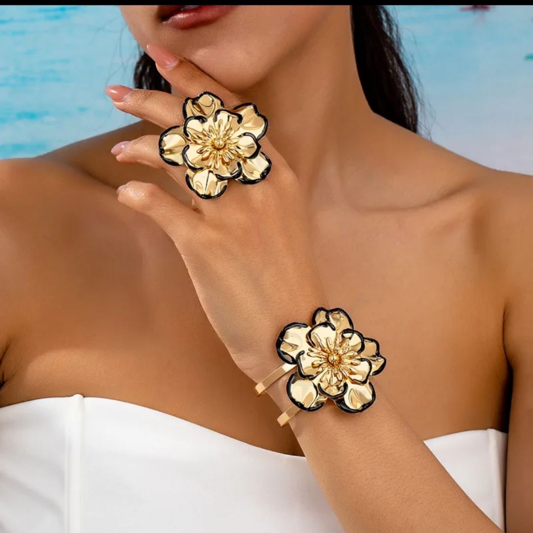 Chic Gold Floral Statement Jewelry Set – Bracelet, Earrings & Ring Combo