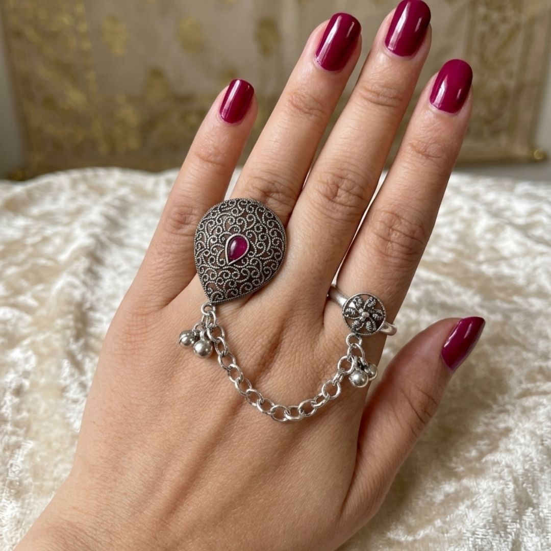 Oxidized German Silver Kashmiri-Style Ruby Stone Chain Hand Harness Ring