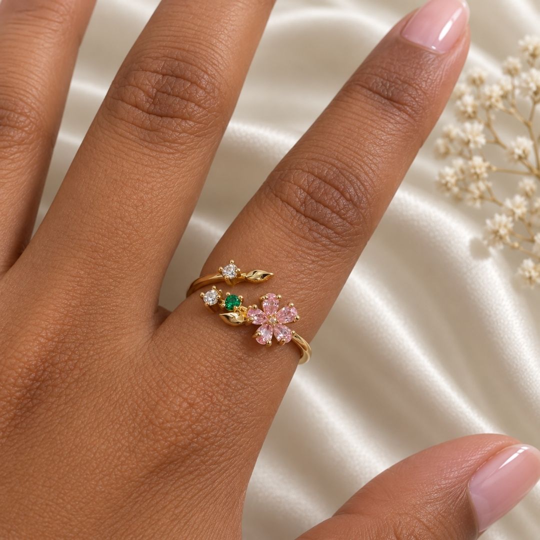 Elegant Adjustable Floral Open Ring – Gold-Tone with Pink & Green Crystal Accents