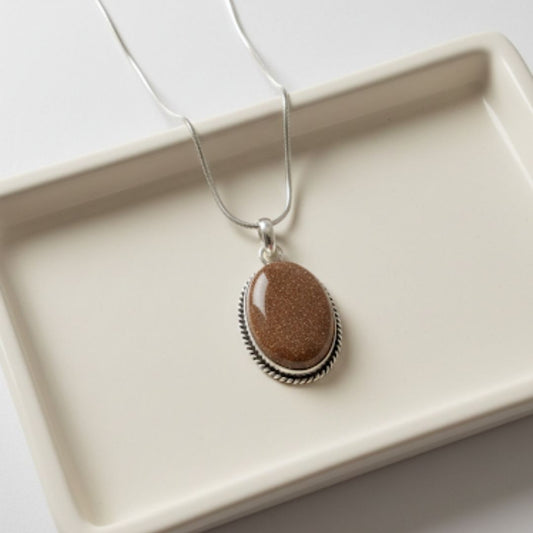 Oxidised Silver Necklace with Natural Brown Stone Pendant