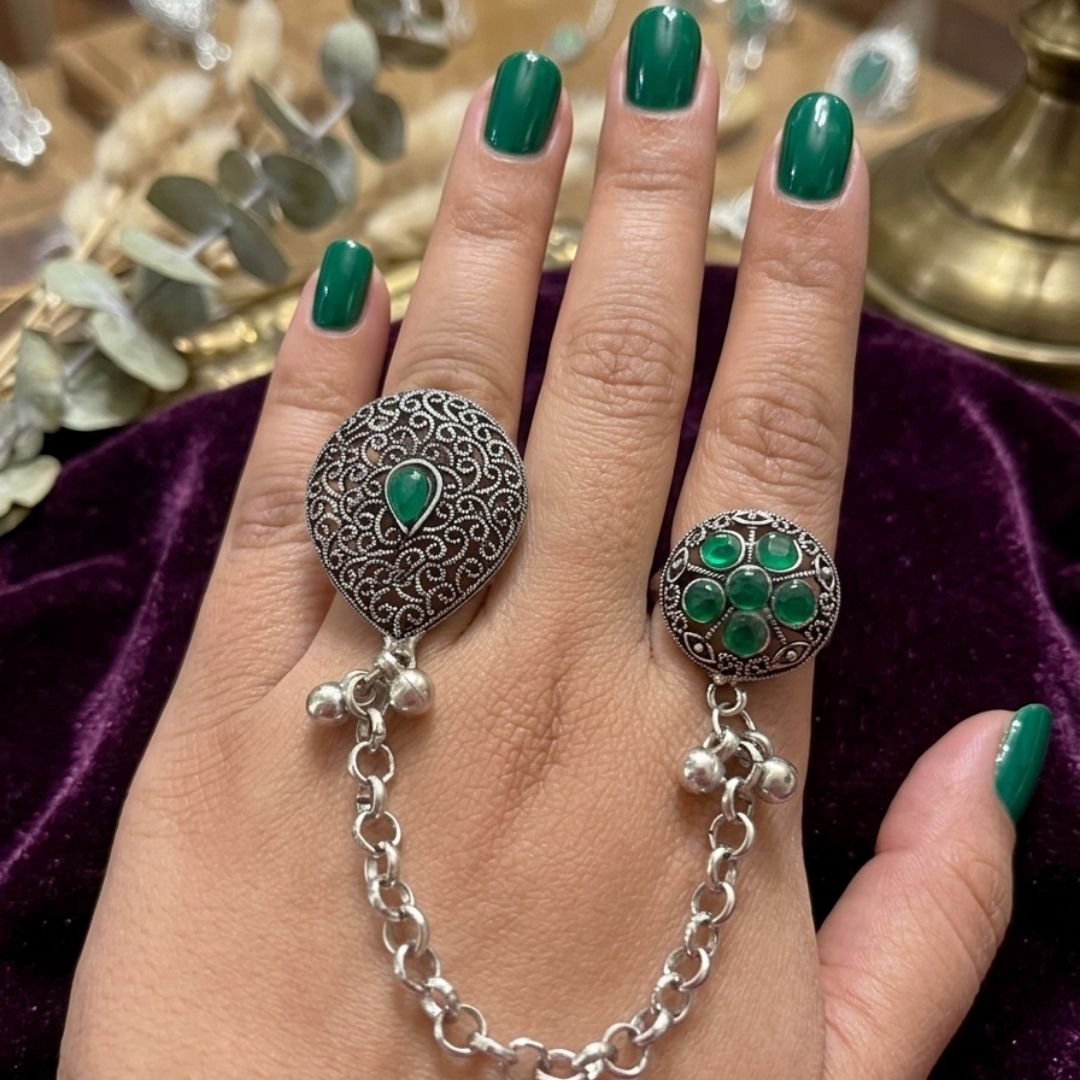 Oxidized German Silver Kashmiri-Style Green Stone Chain Hand Harness Ring