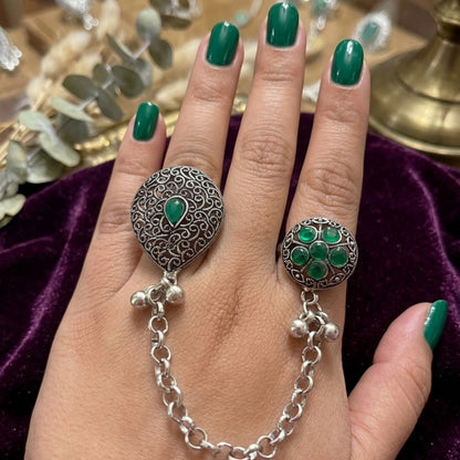 Oxidized German Silver Kashmiri-Style Green Stone Chain Hand Harness Ring