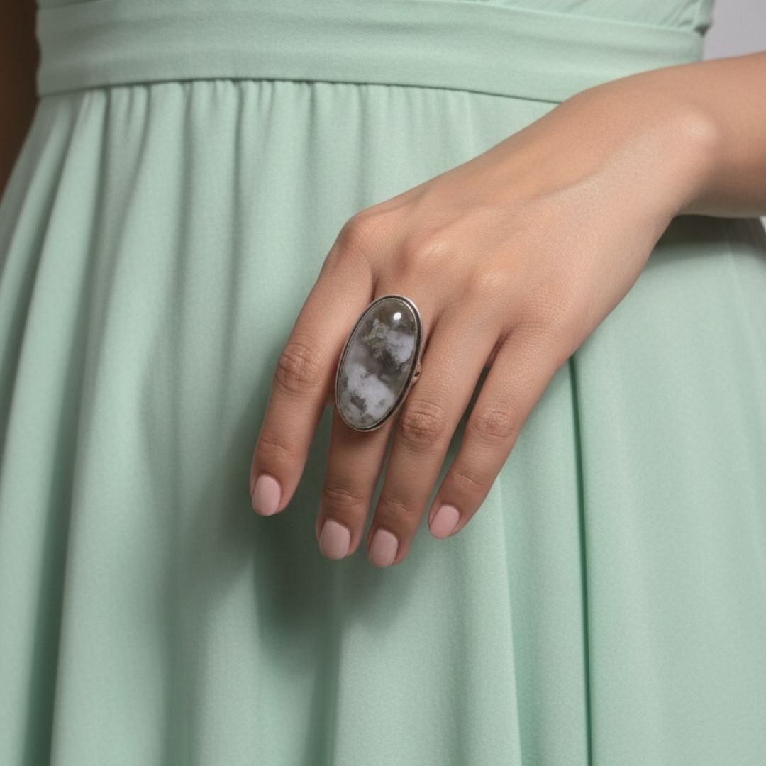 Handcrafted Natural Stone Ring with Oxidised Silver Finish