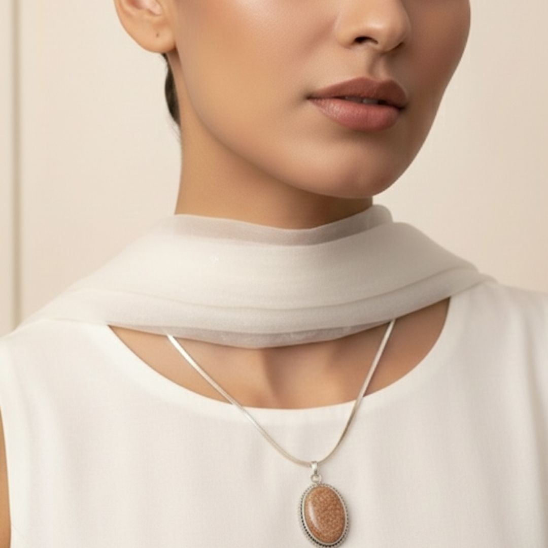 Oxidised Silver Necklace with Natural Brown Stone Pendant