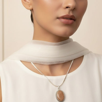 Oxidised Silver Necklace with Natural Brown Stone Pendant