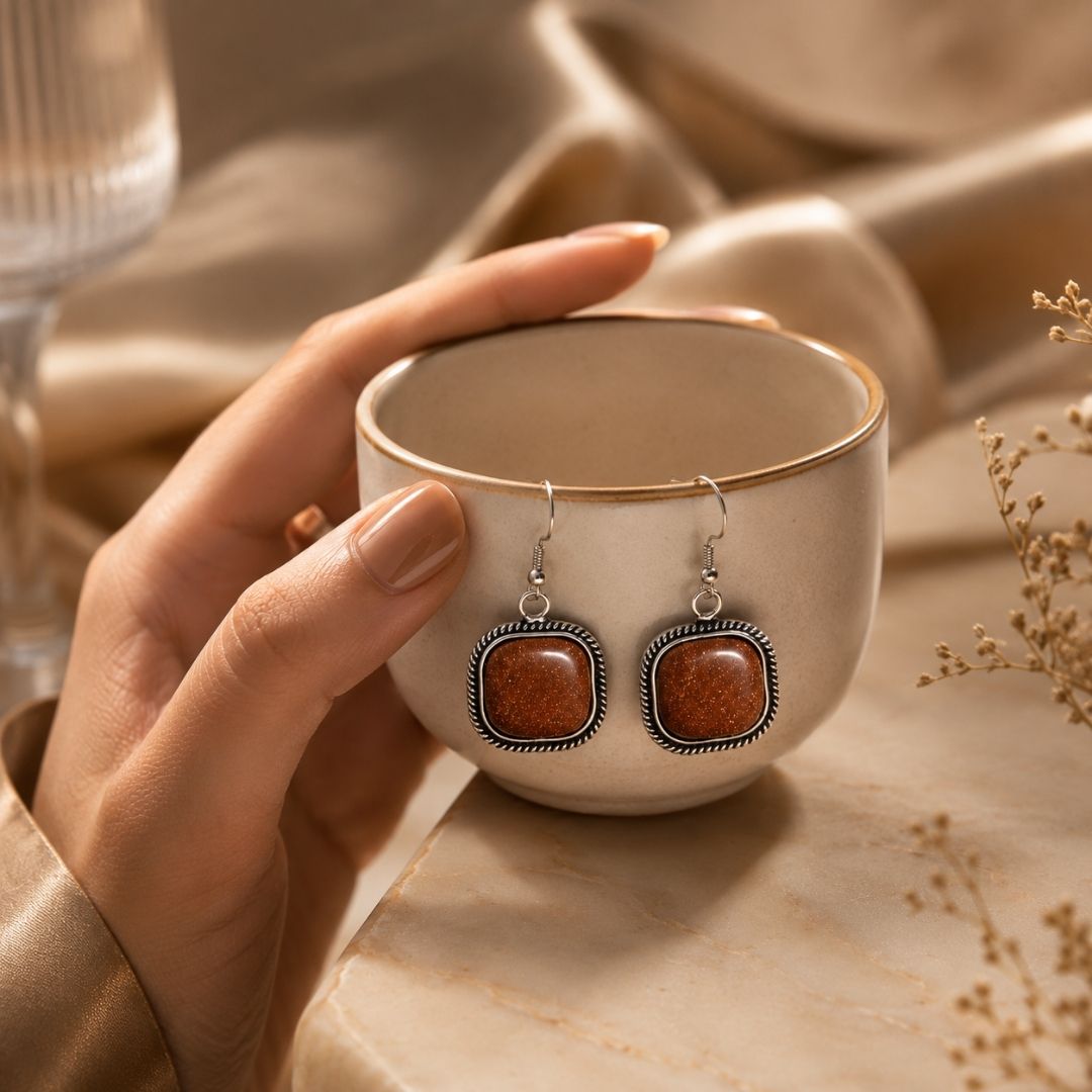 German Oxidized Silver Square Brown Stone Drop Earrings