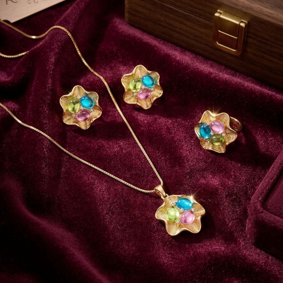 New style women's jewelry set with a unique petal design, earrings and long necklace
