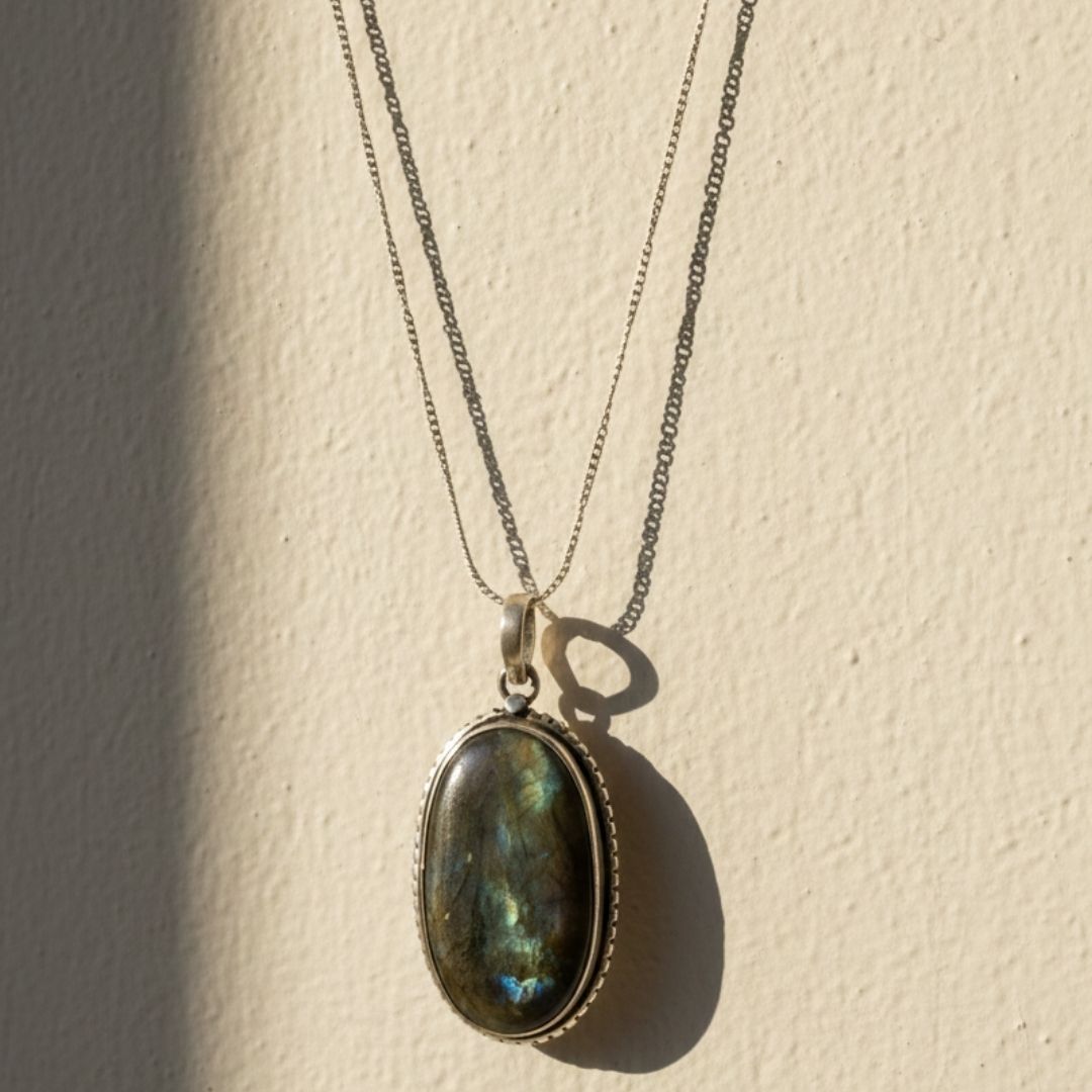 Mystic Labradorite Oval Pendant Necklace