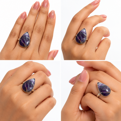 Oxidised Silver Teardrop Ring with Purple Natural Stone