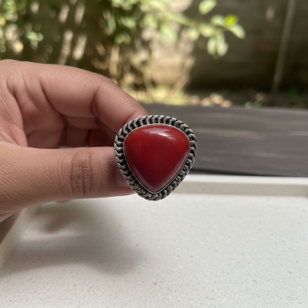 Triangular Natural Red Stone Ring with Oxidised Silver Finish