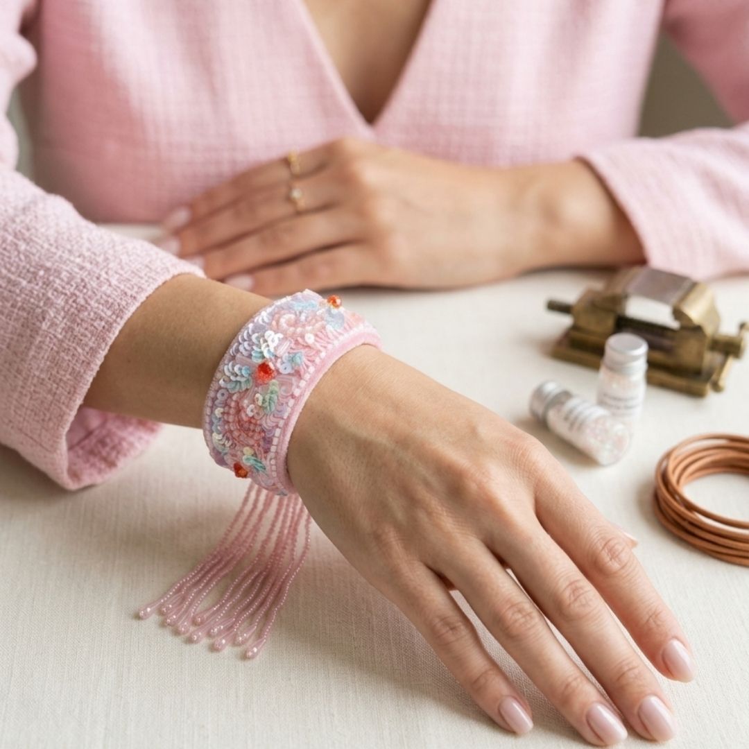 Blush Pink Beaded Handmade Bracelet with Tassel Detail