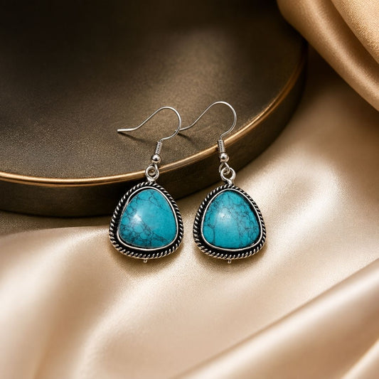 Vintage Turqoise Stone Drop Earrings – Antique Silver-Tone Dangle Earrings