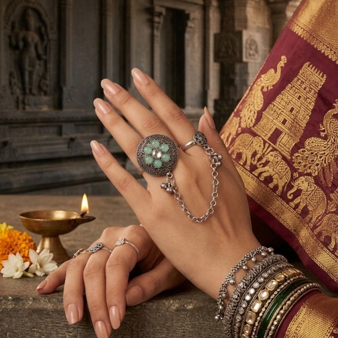 Oxidized German Silver Kashmiri-Style Mint Green Stone Floral Chain Hand Harness Ring