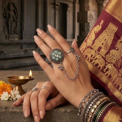 Oxidized German Silver Kashmiri-Style Mint Green Stone Floral Chain Hand Harness Ring