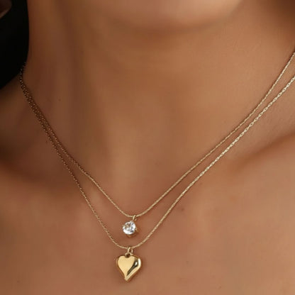 Elegant Double Chain Necklace with Heart & Crystal Drop