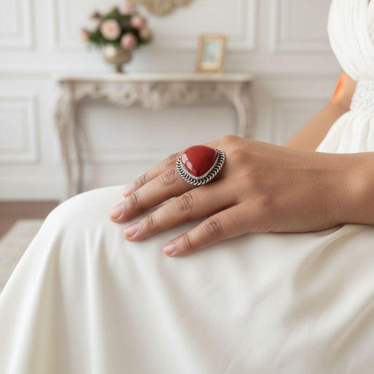 Triangular Natural Red Stone Ring with Oxidised Silver Finish