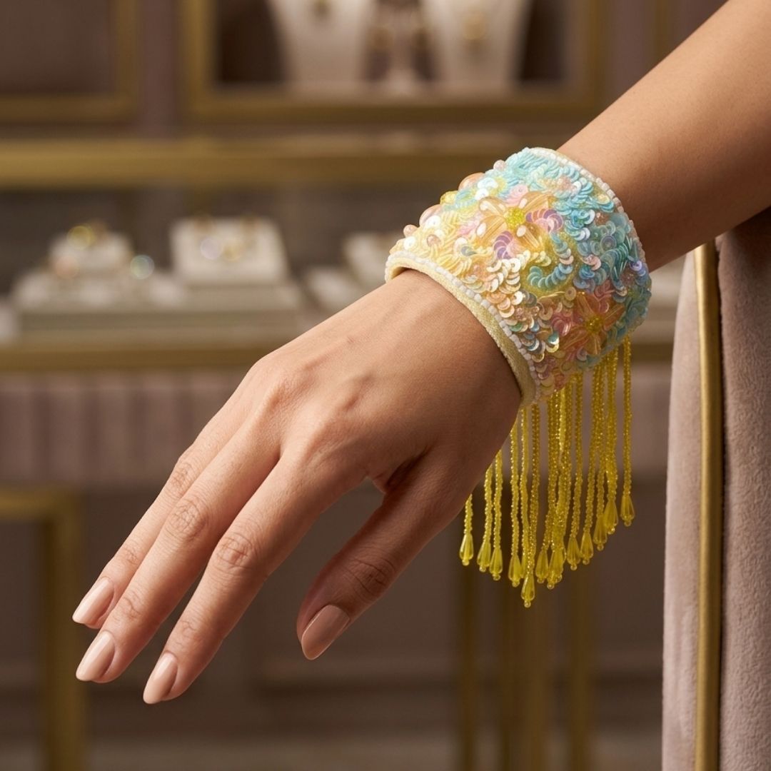 Handmade Velvet Beaded Cuff Bracelet with Pastel Sequin Embroidery & Fringe