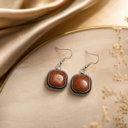German Oxidized Silver Square Brown Stone Drop Earrings