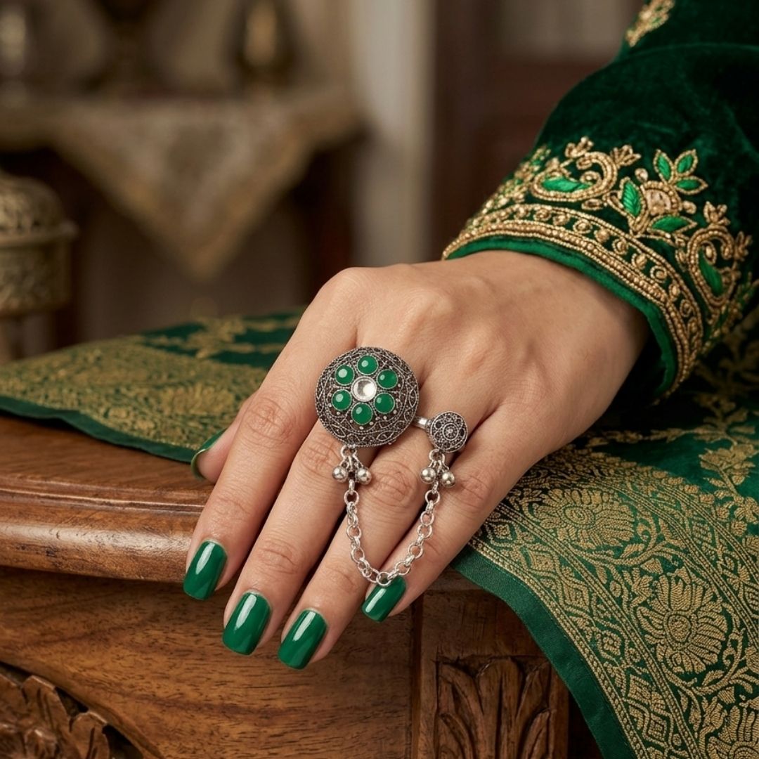 Oxidized German Silver Kashmiri-Style Green Stone Floral Chain Hand Harness Ring