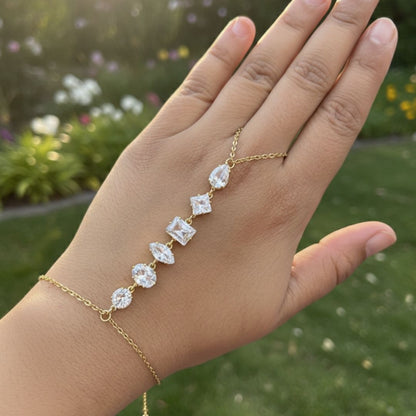 Luxury Gold Hand Chain Bracelet with Multi-Shape CZ Stones