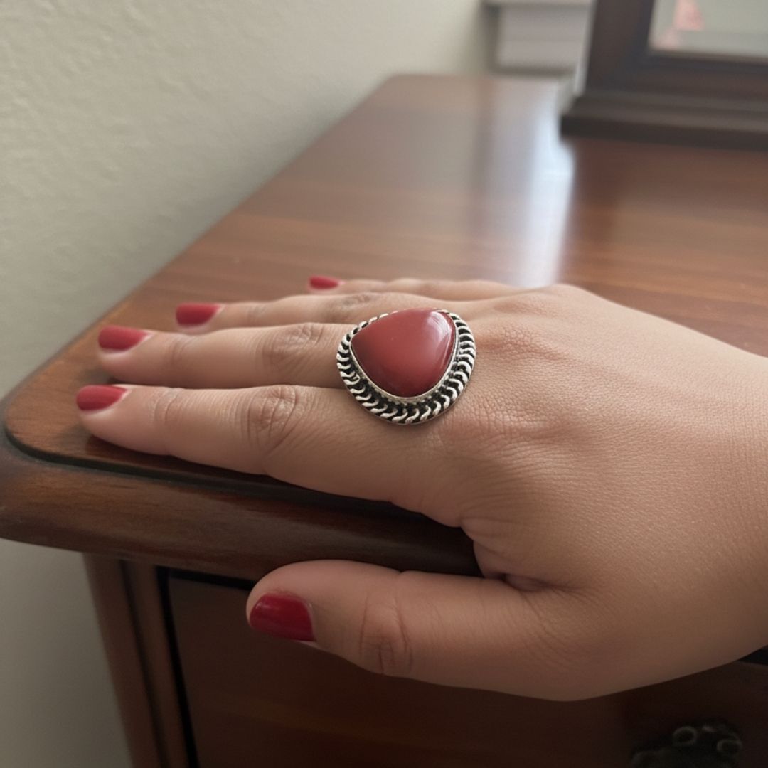 Triangular Natural Red Stone Ring with Oxidised Silver Finish
