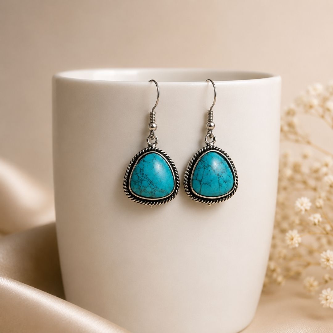 Vintage Turqoise Stone Drop Earrings – Antique Silver-Tone Dangle Earrings
