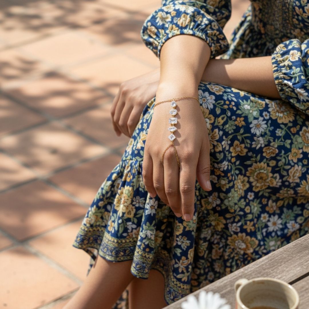 Luxury Gold Hand Chain Bracelet with Multi-Shape CZ Stones