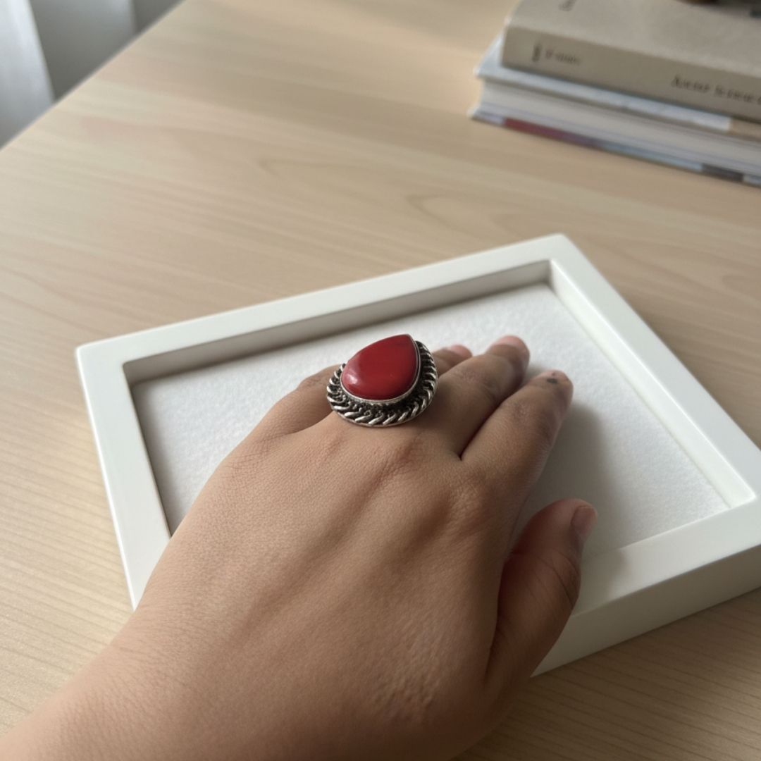 Teardrop Natural Red Stone Ring with Oxidised Silver Finish