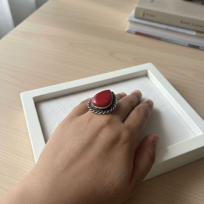 Teardrop Natural Red Stone Ring with Oxidised Silver Finish