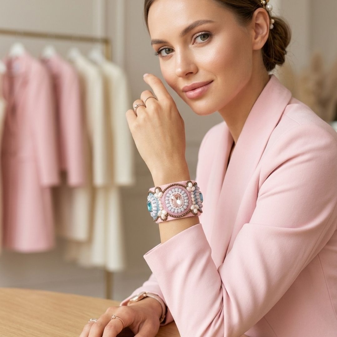 Blush Pink Handcrafted Beaded Statement Cuff