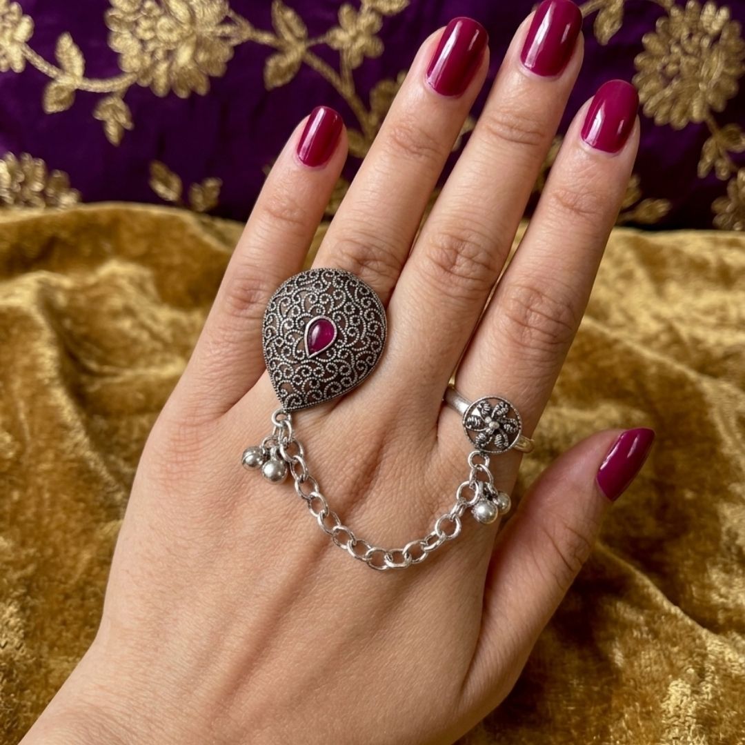 Oxidized German Silver Kashmiri-Style Ruby Stone Chain Hand Harness Ring