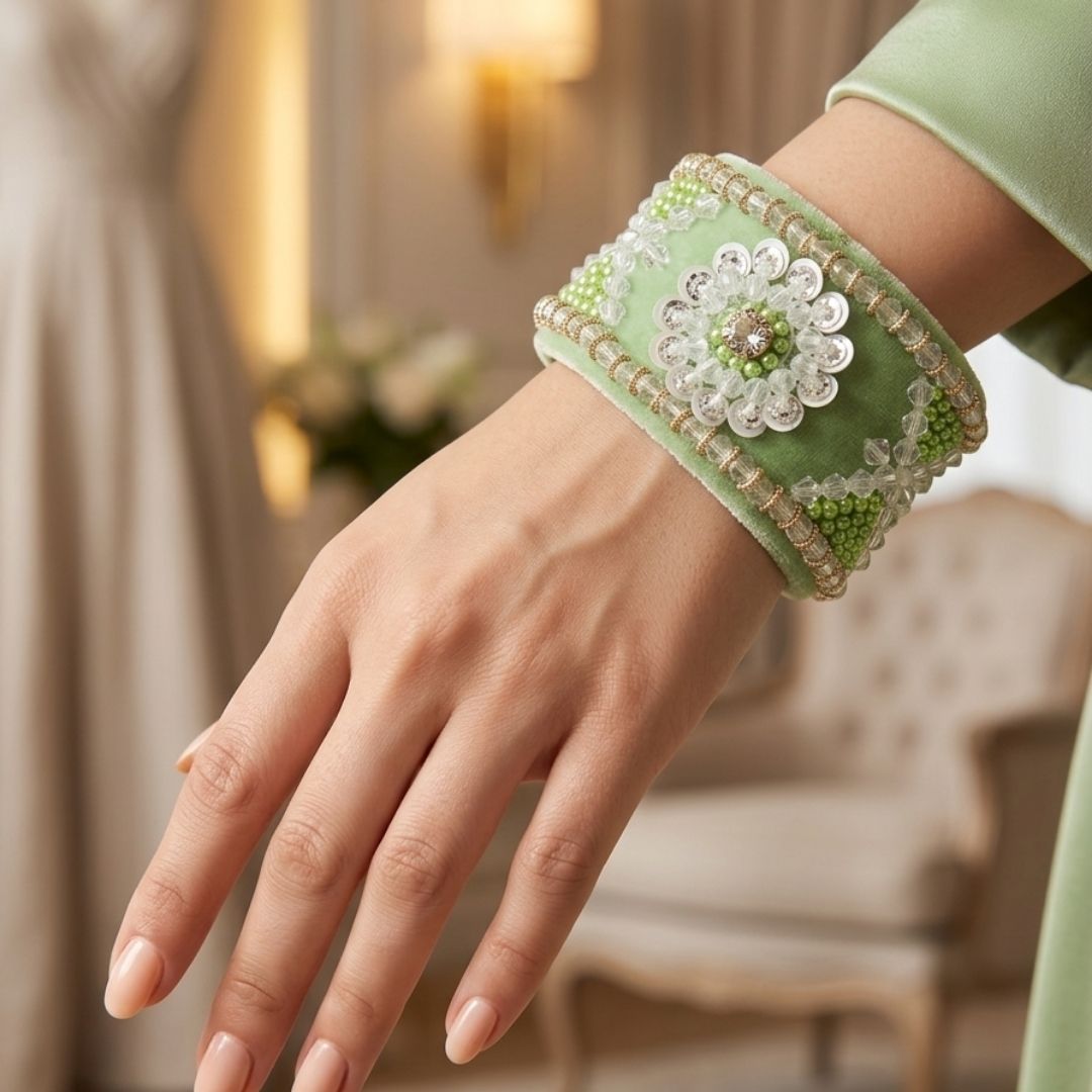 Handcrafted Mint Green Beaded Velvet Bracelet with Floral Crystal