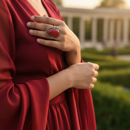 Teardrop Natural Red Stone Ring with Oxidised Silver Finish