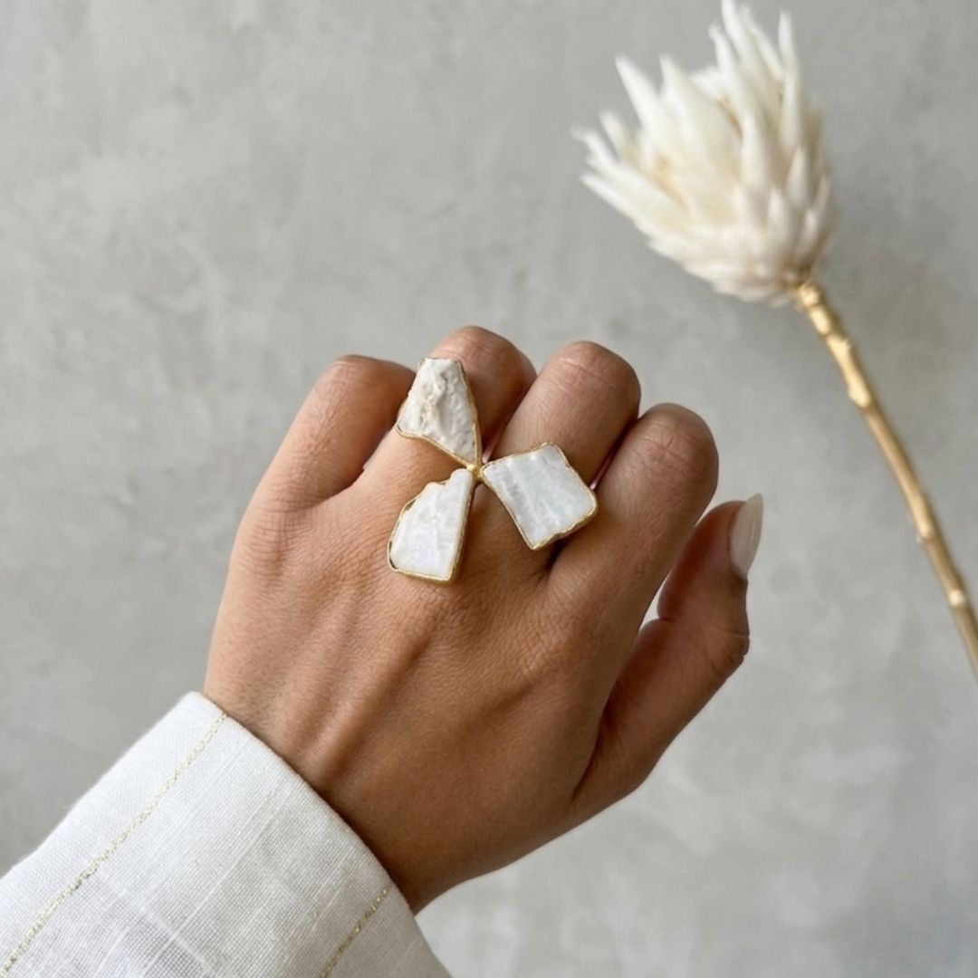Ivory Moonstone Petal Ring in Gold Vermeil