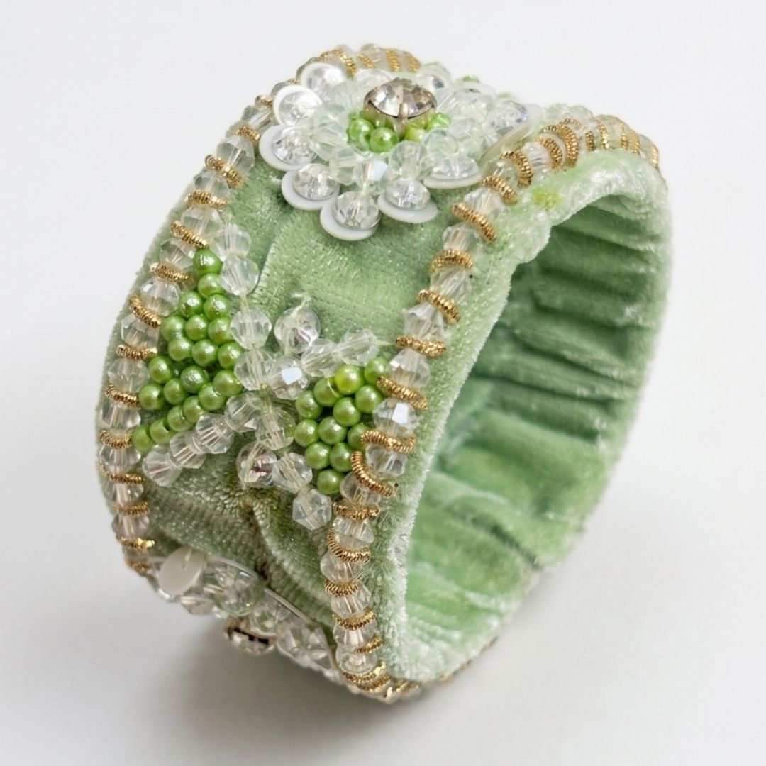 Handcrafted Mint Green Beaded Velvet Bracelet with Floral Crystal